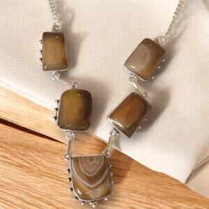 Sterling Silver Brown Banded Agate Necklace, 20 Inch Handmade Gemstone Jewelry